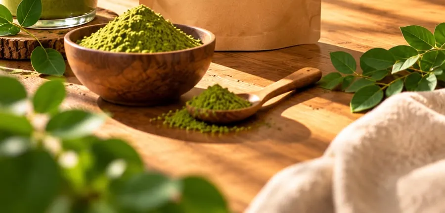 A wooden bowl and spoon of green muringa powder beside fresh muringa leaves